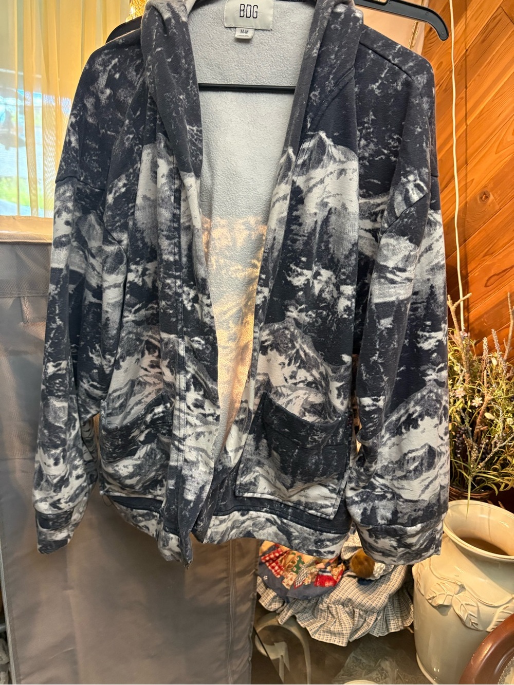 BDG Black and White Marble-Print Hooded Zip Jacket